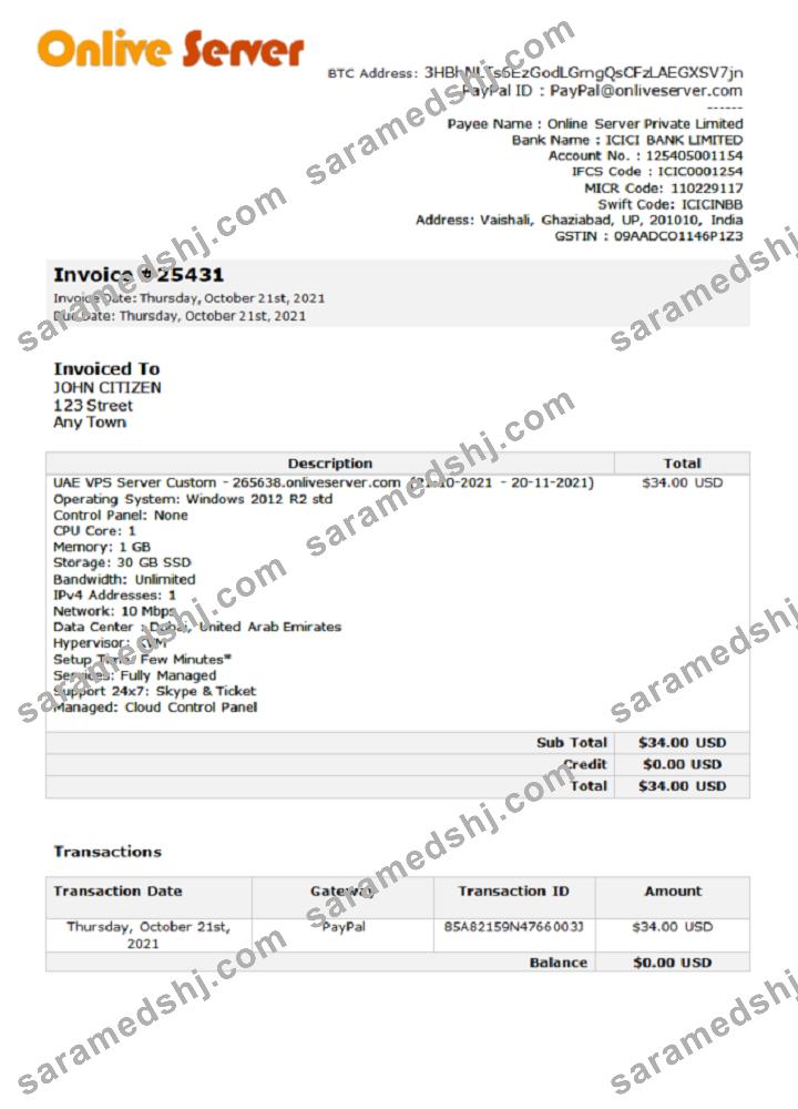 India Online Server company invoice